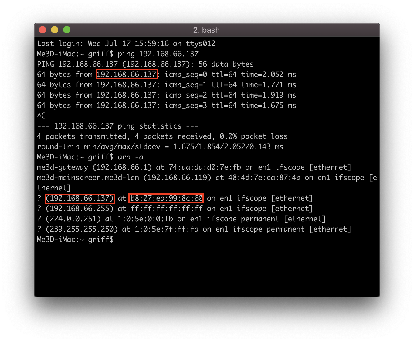 Terminal command line ping IP address